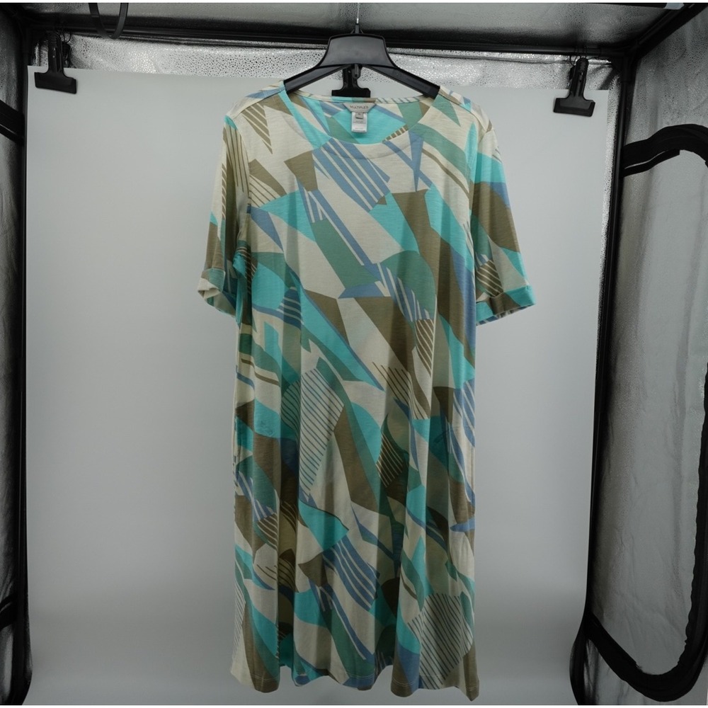 Multiples Women XL Geometric Abstract Print T-Shirt Dress‎ Turquoise Olive Blue